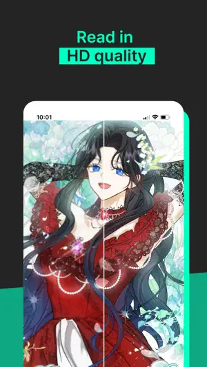 Read in HD quality comparison split down the middle on a comic panel of a dark-haired woman in a red dress