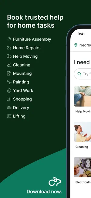 Green promo panel listing Furniture Assembly, Home Repairs, Help Moving, Cleaning, Mounting, Painting, Yard Work, Shopping, Delivery and Lifting beside the I need help with screen