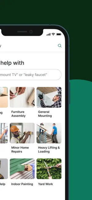 Service grid with Furniture Assembly, General Mounting, Minor Home Repairs, Heavy Lifting & Loading, Indoor Painting and Yard Work tiles under a search bar suggesting mount TV or leaky faucet