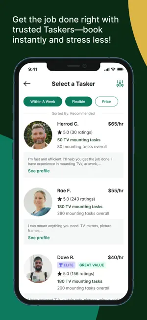 Select a Tasker list for TV mounting with Within A Week, Flexible and Price filters, showing Taskers at $65, $55 and $40 per hour, one with Elite and Great Value badges
