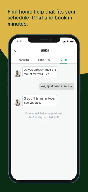 Task chat thread in which the Tasker asks whether the TV mount is ready and an appointment is set for Monday, January 1 at 3:00