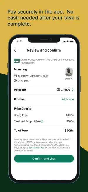 Review and confirm screen for a Mounting task with a $40 hourly rate, a $10 Trust and Support Fee, a $50 total rate and a one-hour cancellation fee notice
