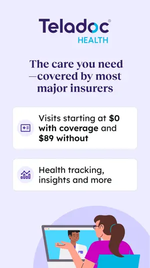 Teladoc Health promo screen: visits starting at $0 with coverage and $89 without, plus health tracking and insights