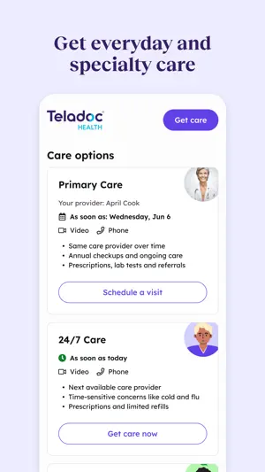 Care options screen with Primary Care from a named provider on a set date and 24/7 Care available today by video or phone