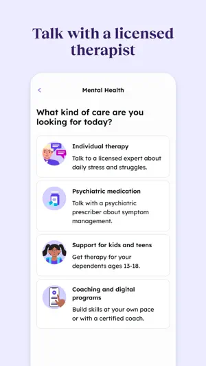 Mental Health menu offering individual therapy, psychiatric medication, support for teens aged 13 to 18, and coaching programs