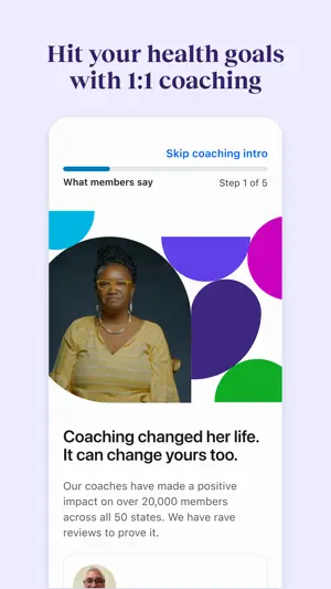 Coaching intro, step 1 of 5, saying coaches have worked with more than 20,000 members across all 50 states