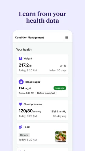 Condition Management dashboard with weight 217.2 lb, blood sugar 114 mg/dL in range, blood pressure 120/80 and a dinner entry