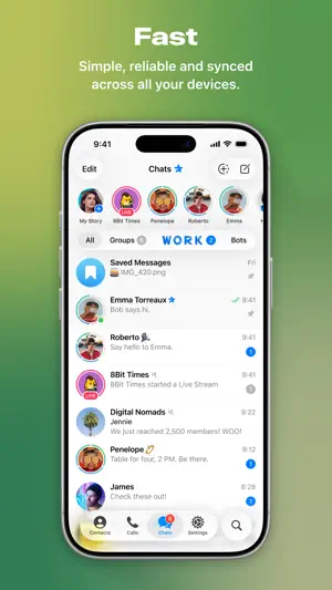Chat list with folder tabs for groups, work and bots above a stories row