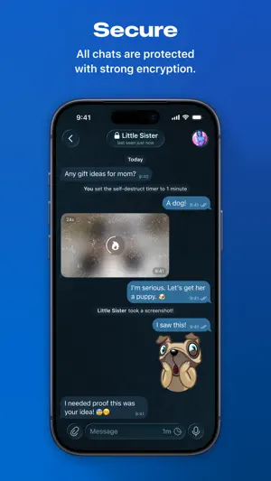 Secret chat with a self-destruct timer and a screenshot notice