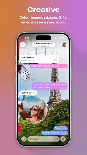 Chat with live location sharing, a dice roll and a video message