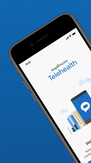 Telehealth welcome screen with the SimplePractice logo and an illustrated phone showing a video-call icon