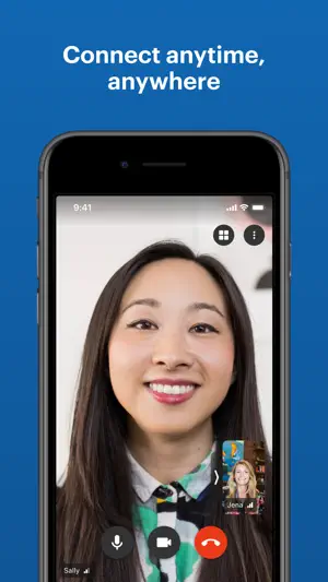 One-to-one video call with the other person full screen, a small self-view and mute, camera and red end-call buttons