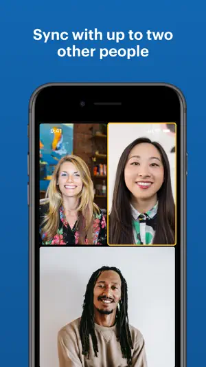 Three-person grid video call under the banner Sync with up to two other people