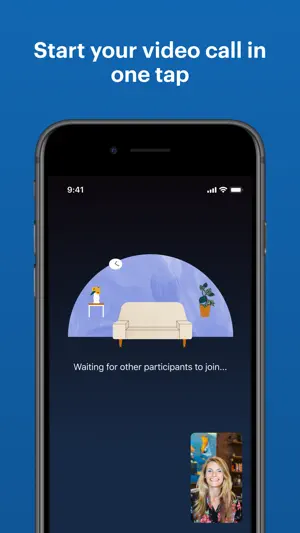 Dark waiting screen with an illustrated couch and the line Waiting for other participants to join