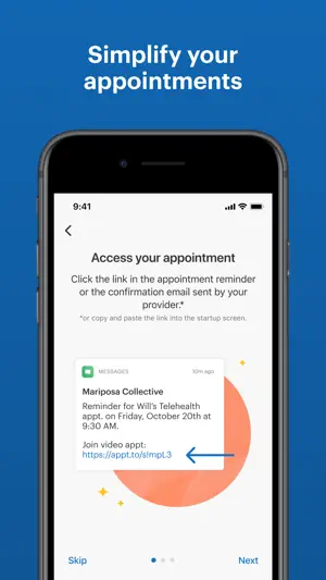 Access your appointment tip showing a text reminder from Mariposa Collective with an appt.to video link