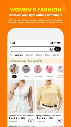 Women's fashion listings with star ratings and sold counts