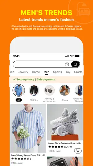 Men's clothing listings showing 100,000 units sold on one item
