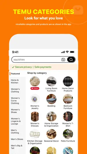 Category browser with a sidebar of departments