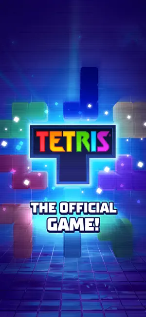 Title screen with the official logo over falling blocks