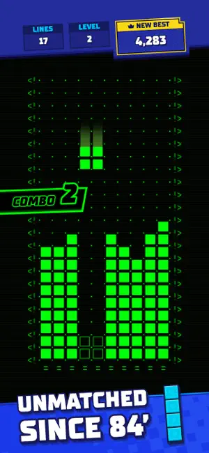 Retro green mode showing a combo and a new best score