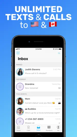 Text Me inbox with a pinned conversation, a voicemail notice, a group chat and a missed call above the Store, Calls, Inbox, Numbers and Me tabs