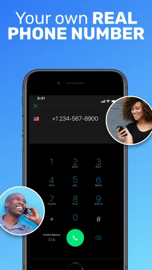 Dial pad for a +1 US number with a credits balance of 314 shown beside the green call button