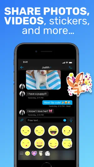 Chat thread with a puppy photo, a Read receipt and an emoji keyboard open below the message field