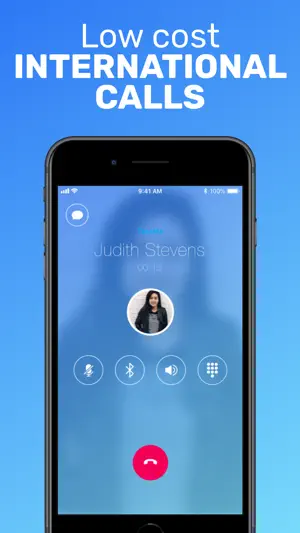 In-call screen with mute, Bluetooth, speaker and keypad buttons under a banner for low-cost international calls