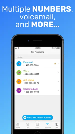 My Numbers list with Personal and Classified ads US lines, a UK Work line, a French Apt. rental line and a Get a 5th phone number button
