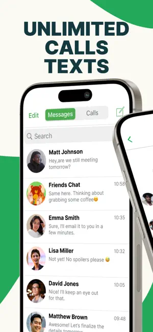 Message list with conversations beside a Calls tab
