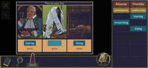 A word-bag puzzle with a man in a wig and a dressing gown, verbs like hunting and dining to place