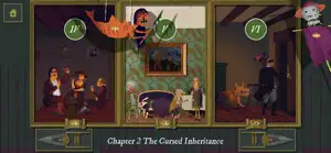 Chapter 2, The Cursed Inheritance — a drawing room with a hanging scene and Roman-numeral clues