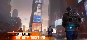 A Division agent walking through a snowbound Times Square with the watch glow on the wrist