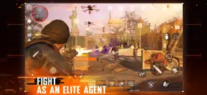 Third-person firefight behind cover in a wrecked street, touch controls and minimap on screen