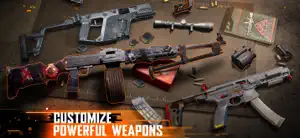 Weapon customisation table with an assault rifle, a shotgun and mods laid out