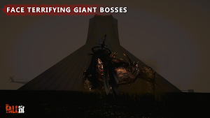 A giant boss creature at the foot of a tower against a grey sky — Face terrifying giant bosses