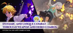 Meliodas and Tristan mid-combo with a golden emblem between them