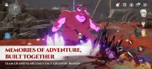 Party of four facing a giant pink monster in a field, touch controls visible