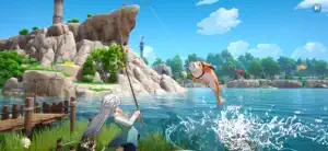 Fishing from a wooden pier as a fish leaps from a turquoise lake