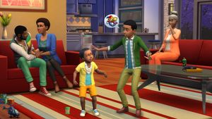 A family of Sims dancing and chatting in a colorful living room