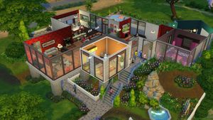 Build mode: a cutaway view of a modern house with a garden and pool