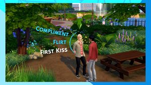 Social interactions: Compliment, Flirt and First Kiss options for two Sims in a park