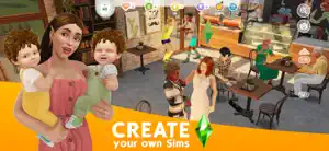 Create-a-Sim: a mother holding twin toddlers in a café-style living room