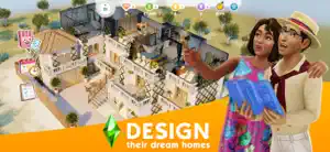 Build Mode view of a two-storey house with a pool, a couple in holiday outfits in front