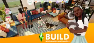 Living room with a family on the sofa, a dog and a cat, and a Sim holding a kitten