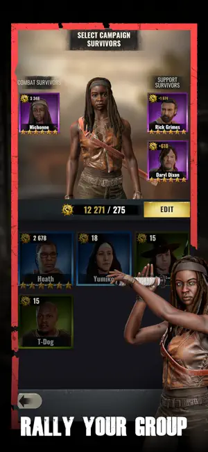 The survivor selection screen with Michonne and Rick — Rally Your Group