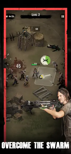 Daryl aiming a crossbow at a level-2 swarm — Overcome the Swarm
