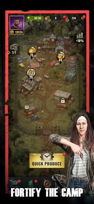 The camp map with a Quick Produce button beside a survivor — Fortify the Camp