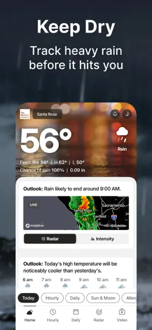 Home screen for Santa Rosa showing 56°, a 100% chance of rain and a live radar thumbnail