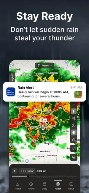 Radar map around Tupelo with a Rain Alert saying heavy rain begins at 10:05 AM